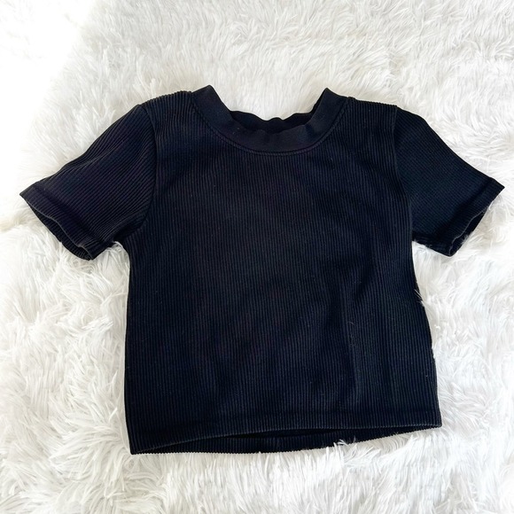 Zara Cropped Black Ribbed Fitted T Shirt Size xs - Picture 1 of 7